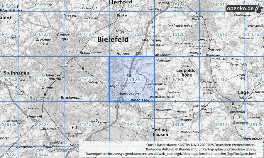 Übersichtskarte des KOSTRA-DWD-2020-Rasterfeldes Nr. 117125