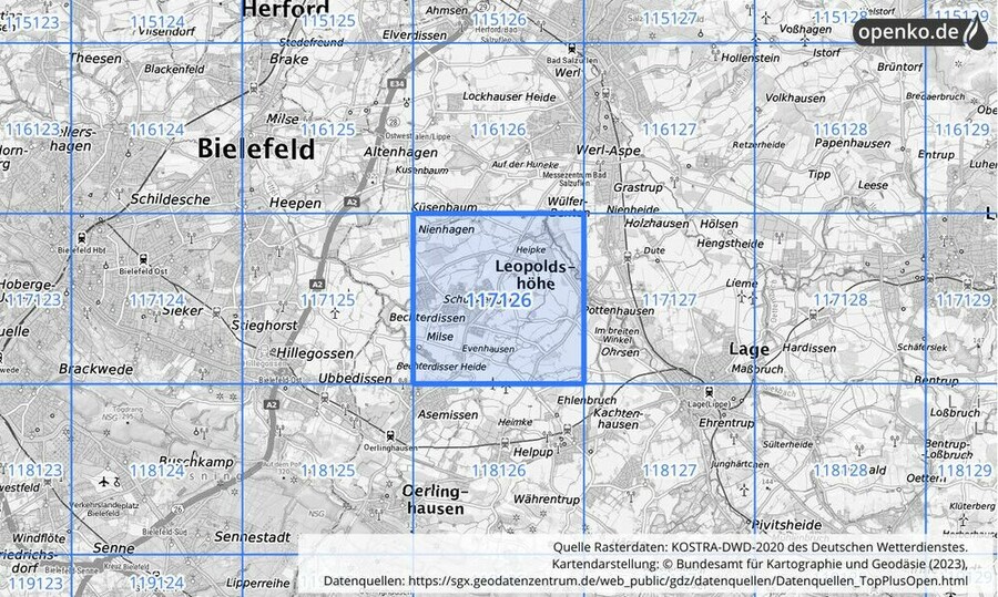 Übersichtskarte des KOSTRA-DWD-2020-Rasterfeldes Nr. 117126