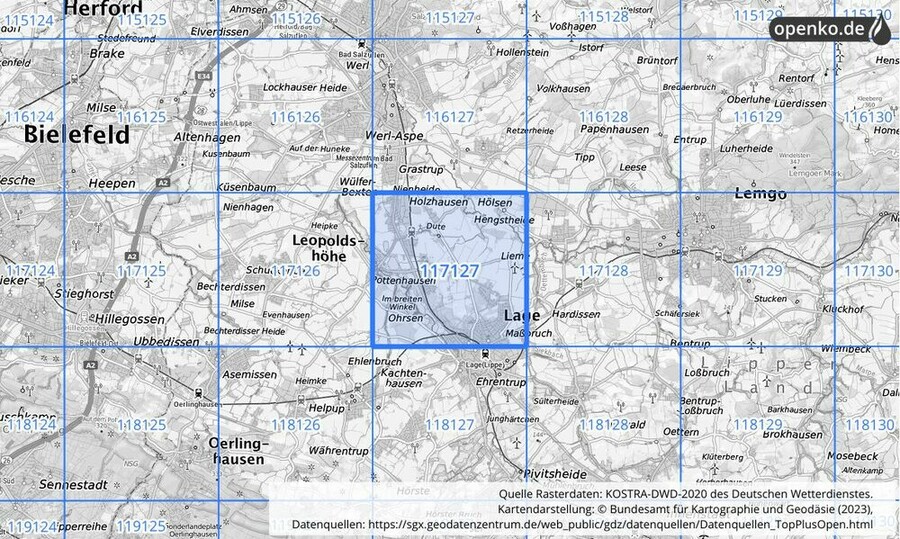 Übersichtskarte des KOSTRA-DWD-2020-Rasterfeldes Nr. 117127