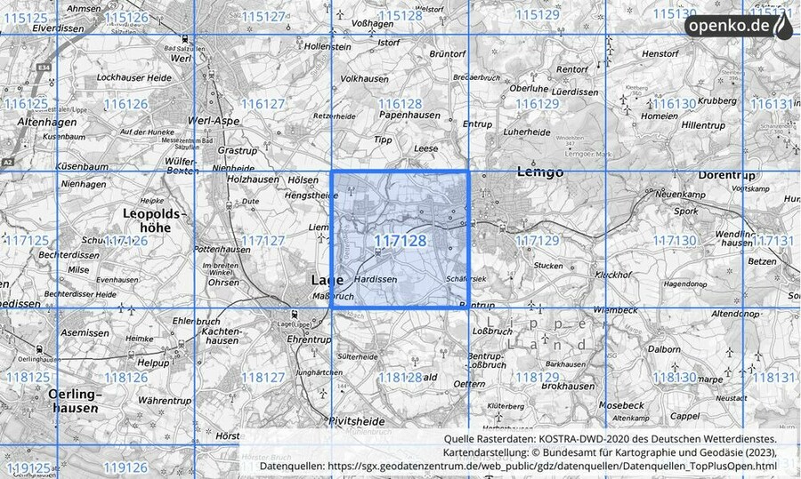 Übersichtskarte des KOSTRA-DWD-2020-Rasterfeldes Nr. 117128