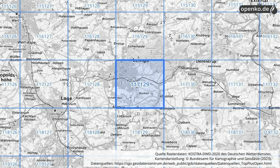 Übersichtskarte des KOSTRA-DWD-2020-Rasterfeldes Nr. 117129