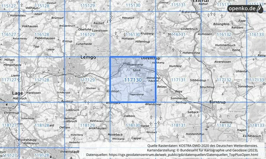 Übersichtskarte des KOSTRA-DWD-2020-Rasterfeldes Nr. 117130