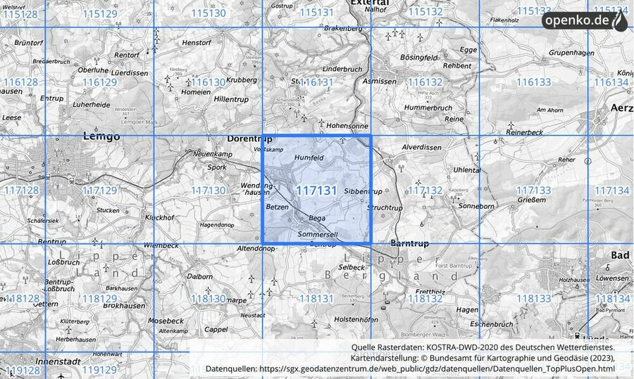 Übersichtskarte des KOSTRA-DWD-2020-Rasterfeldes Nr. 117131