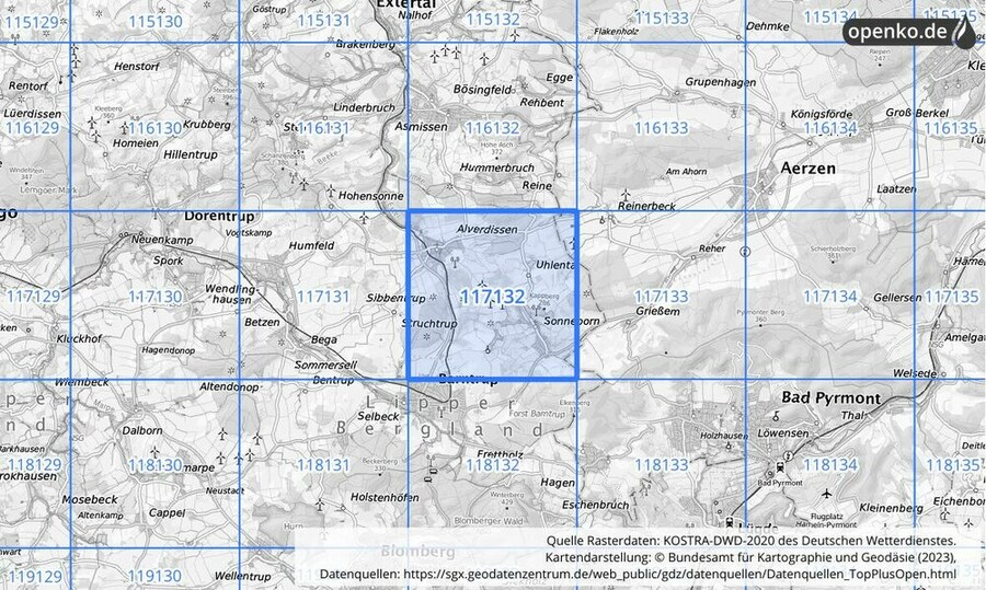 Übersichtskarte des KOSTRA-DWD-2020-Rasterfeldes Nr. 117132