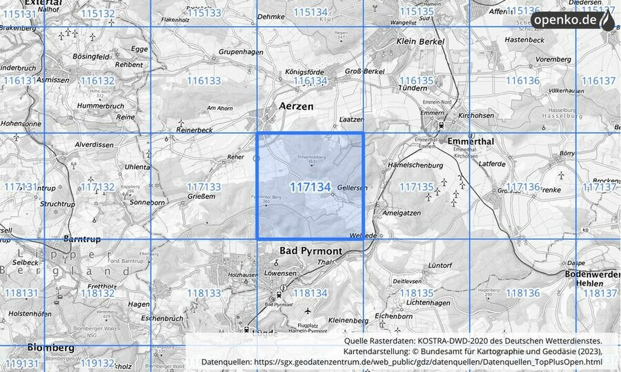 Übersichtskarte des KOSTRA-DWD-2020-Rasterfeldes Nr. 117134