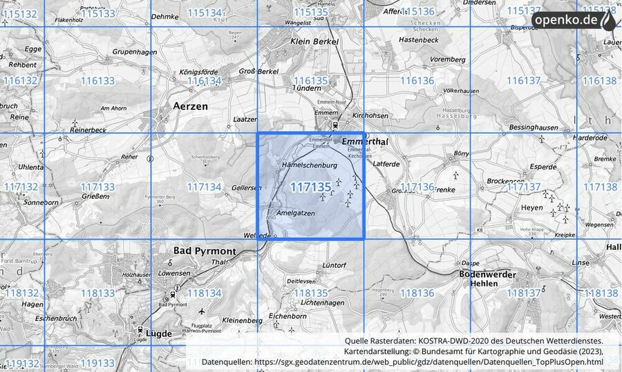 Übersichtskarte des KOSTRA-DWD-2020-Rasterfeldes Nr. 117135