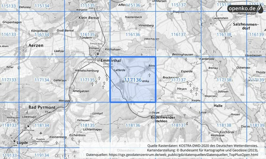 Übersichtskarte des KOSTRA-DWD-2020-Rasterfeldes Nr. 117136