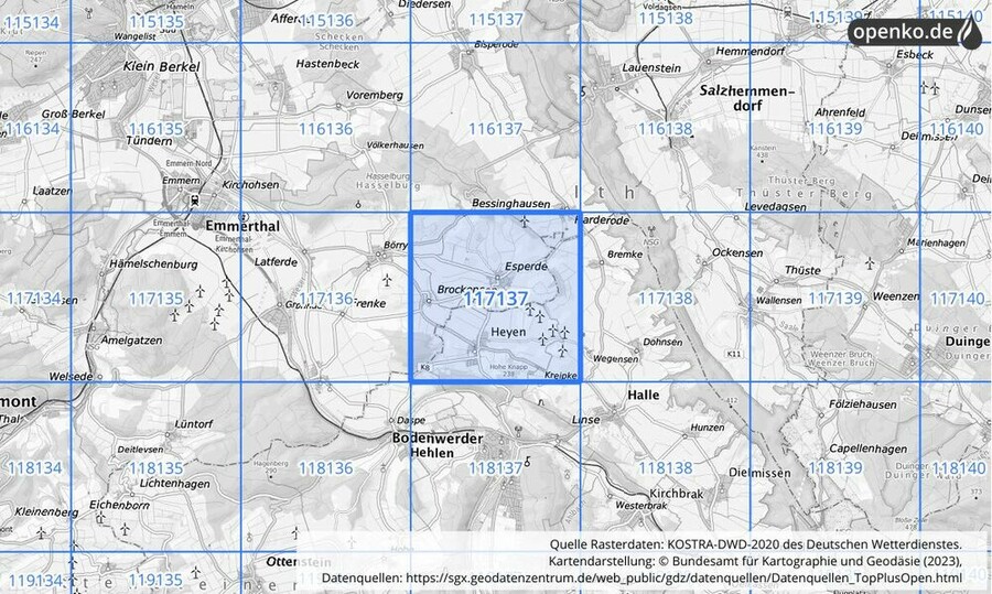 Übersichtskarte des KOSTRA-DWD-2020-Rasterfeldes Nr. 117137