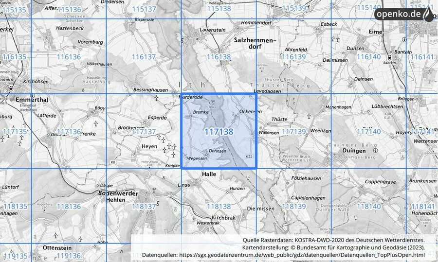 Übersichtskarte des KOSTRA-DWD-2020-Rasterfeldes Nr. 117138