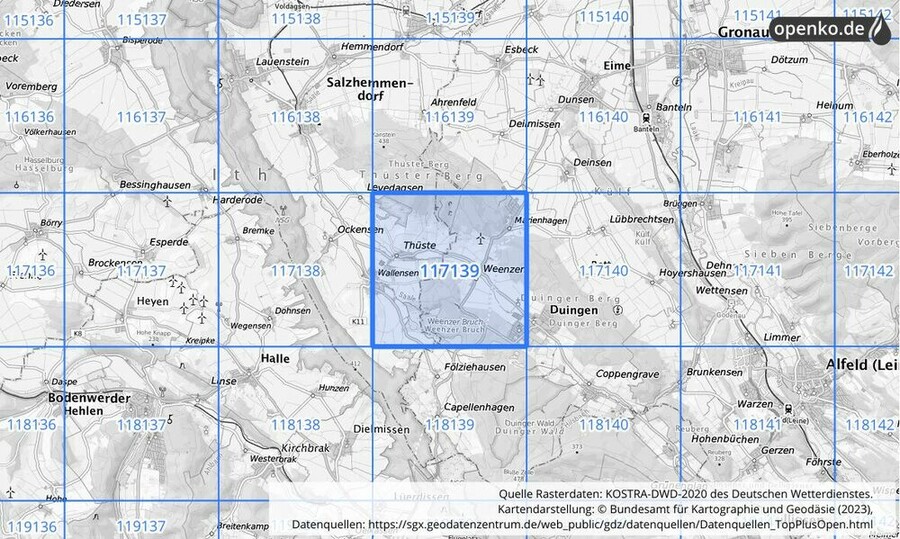 Übersichtskarte des KOSTRA-DWD-2020-Rasterfeldes Nr. 117139