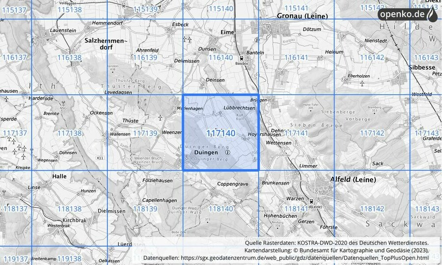 Übersichtskarte des KOSTRA-DWD-2020-Rasterfeldes Nr. 117140