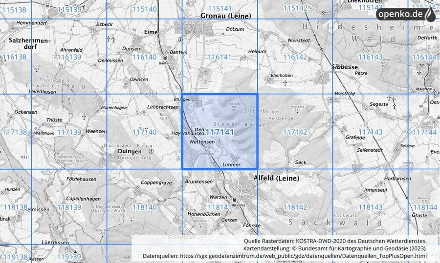 Übersichtskarte des KOSTRA-DWD-2020-Rasterfeldes Nr. 117141