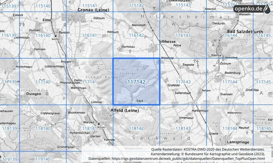 Übersichtskarte des KOSTRA-DWD-2020-Rasterfeldes Nr. 117142