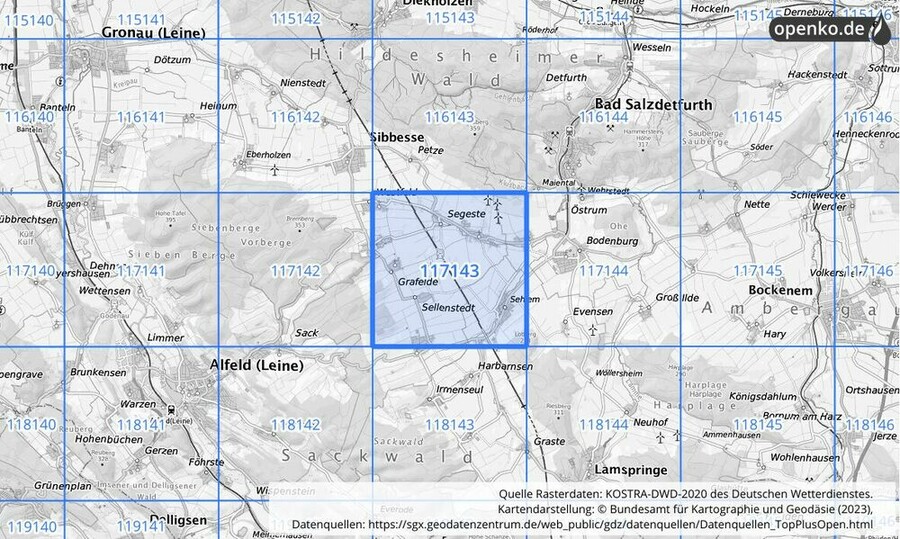 Übersichtskarte des KOSTRA-DWD-2020-Rasterfeldes Nr. 117143