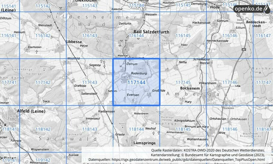 Übersichtskarte des KOSTRA-DWD-2020-Rasterfeldes Nr. 117144