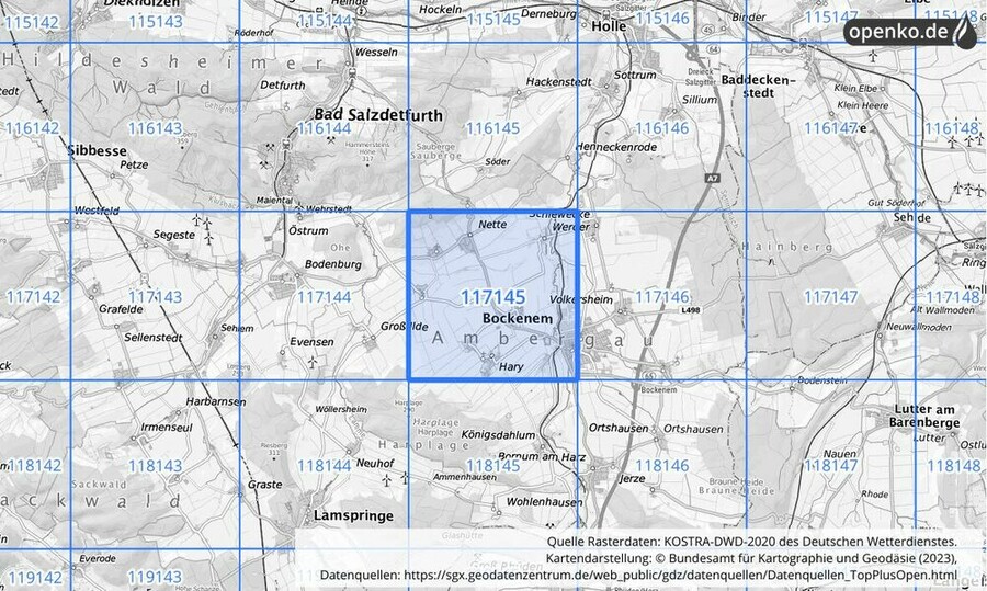 Übersichtskarte des KOSTRA-DWD-2020-Rasterfeldes Nr. 117145