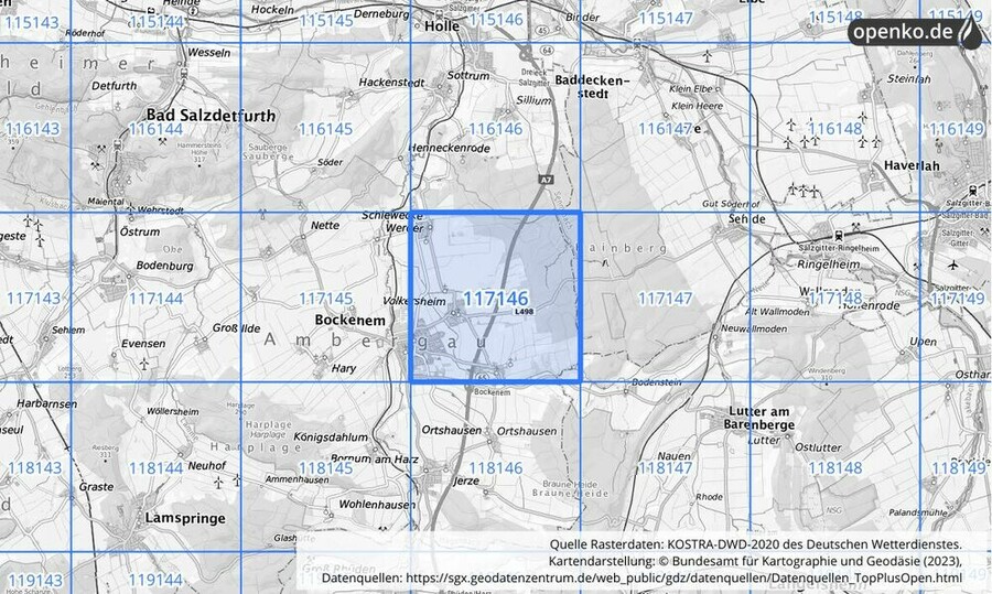 Übersichtskarte des KOSTRA-DWD-2020-Rasterfeldes Nr. 117146