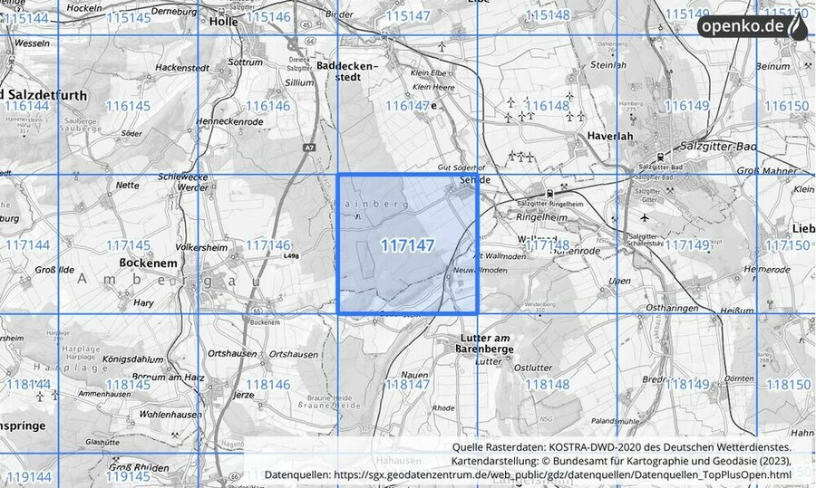 Übersichtskarte des KOSTRA-DWD-2020-Rasterfeldes Nr. 117147