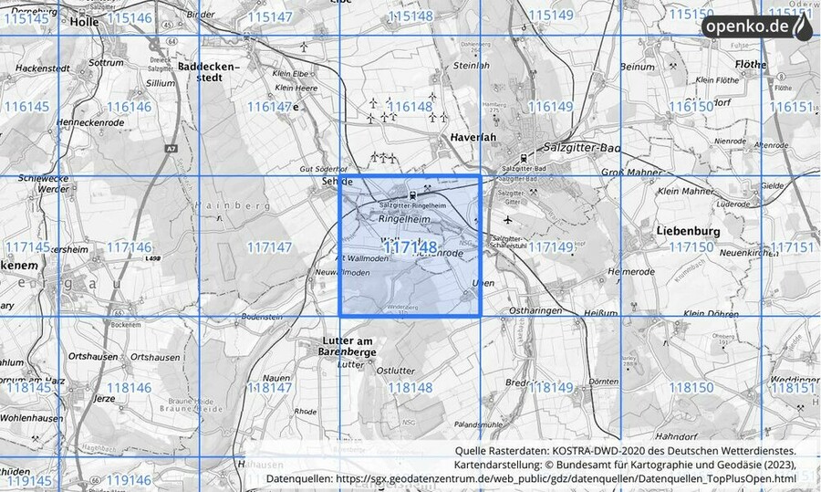 Übersichtskarte des KOSTRA-DWD-2020-Rasterfeldes Nr. 117148