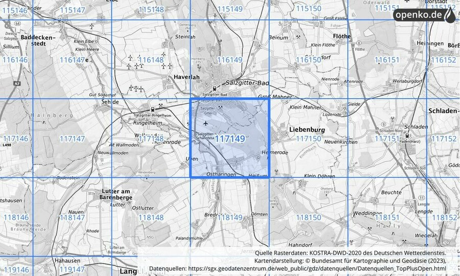 Übersichtskarte des KOSTRA-DWD-2020-Rasterfeldes Nr. 117149