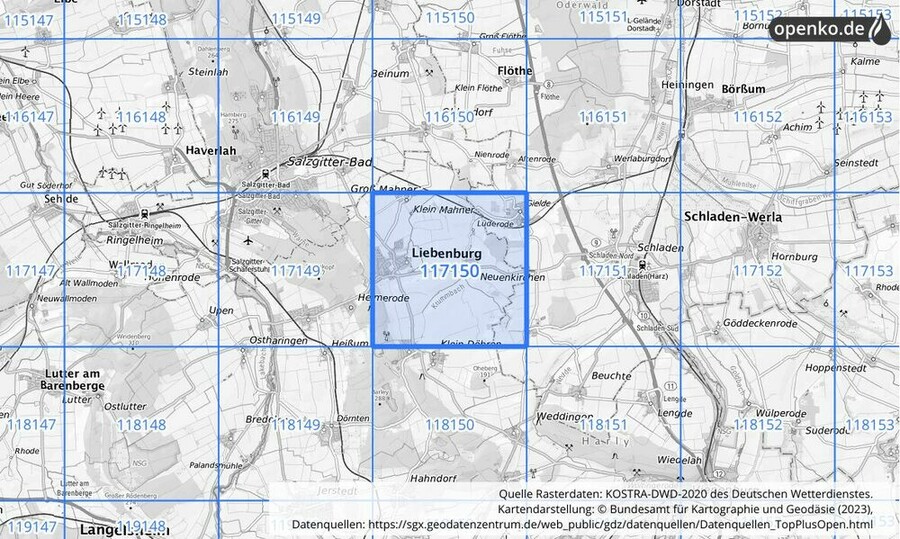 Übersichtskarte des KOSTRA-DWD-2020-Rasterfeldes Nr. 117150