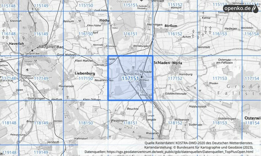 Übersichtskarte des KOSTRA-DWD-2020-Rasterfeldes Nr. 117151