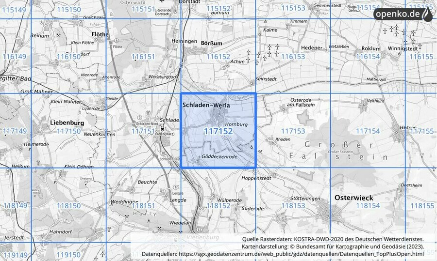 Übersichtskarte des KOSTRA-DWD-2020-Rasterfeldes Nr. 117152