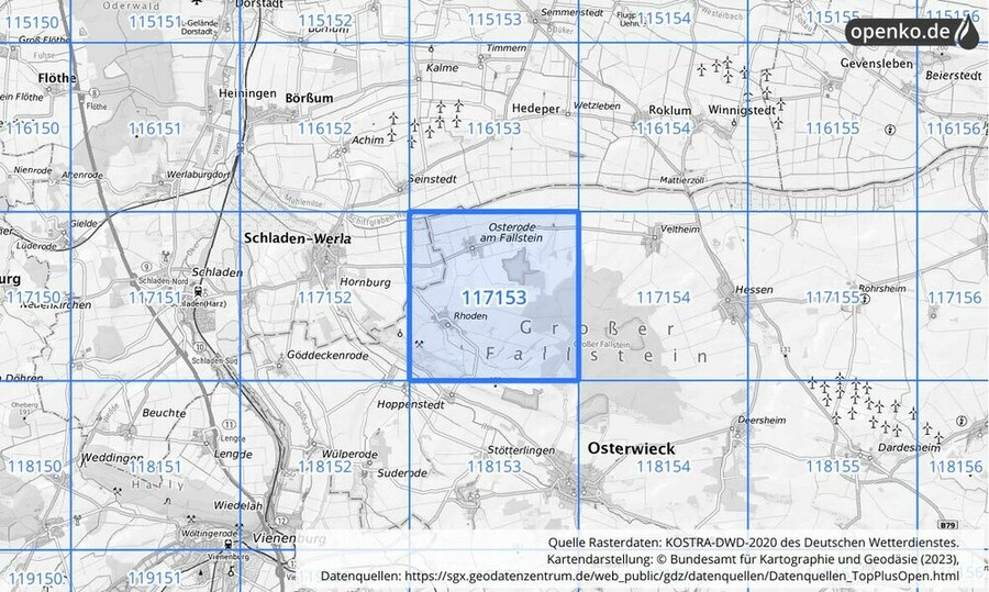 Übersichtskarte des KOSTRA-DWD-2020-Rasterfeldes Nr. 117153