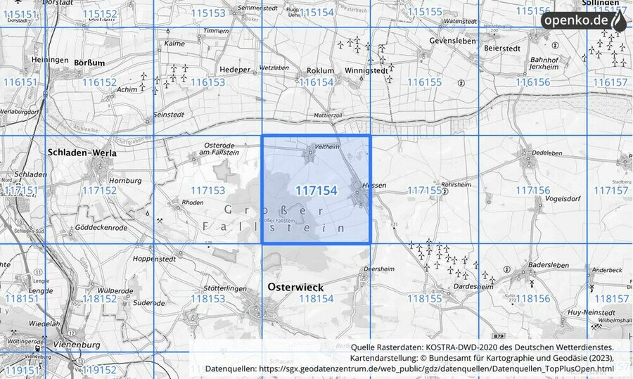 Übersichtskarte des KOSTRA-DWD-2020-Rasterfeldes Nr. 117154