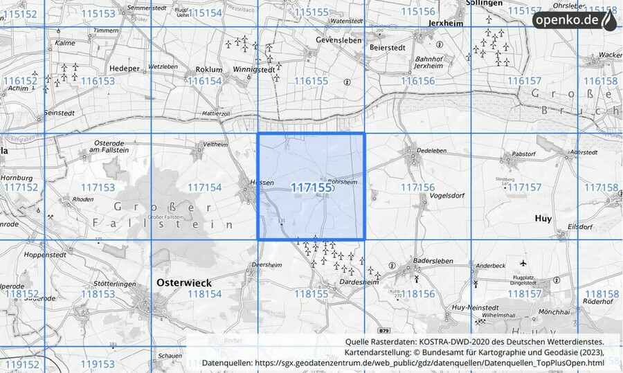 Übersichtskarte des KOSTRA-DWD-2020-Rasterfeldes Nr. 117155