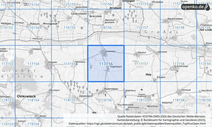 Übersichtskarte des KOSTRA-DWD-2020-Rasterfeldes Nr. 117156