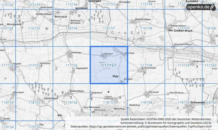 Übersichtskarte des KOSTRA-DWD-2020-Rasterfeldes Nr. 117157