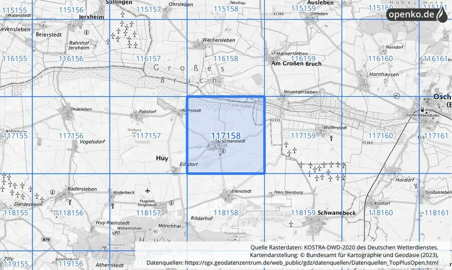 Übersichtskarte des KOSTRA-DWD-2020-Rasterfeldes Nr. 117158