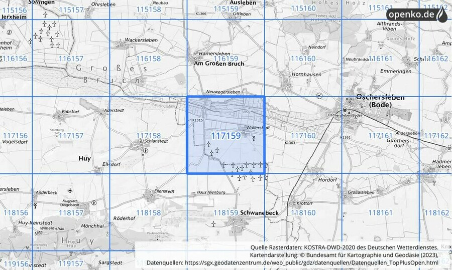 Übersichtskarte des KOSTRA-DWD-2020-Rasterfeldes Nr. 117159