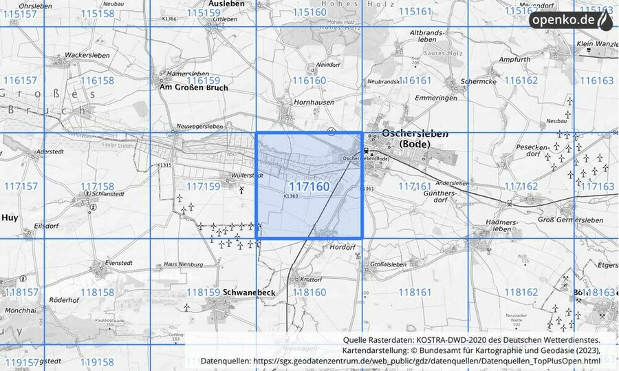 Übersichtskarte des KOSTRA-DWD-2020-Rasterfeldes Nr. 117160