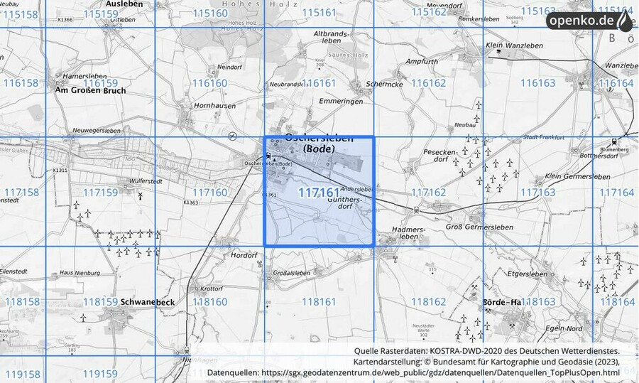 Übersichtskarte des KOSTRA-DWD-2020-Rasterfeldes Nr. 117161