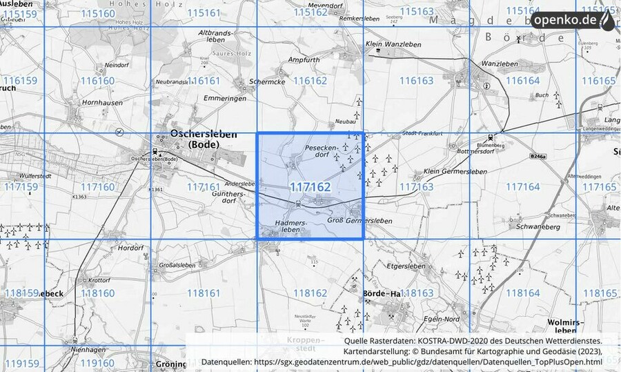 Übersichtskarte des KOSTRA-DWD-2020-Rasterfeldes Nr. 117162