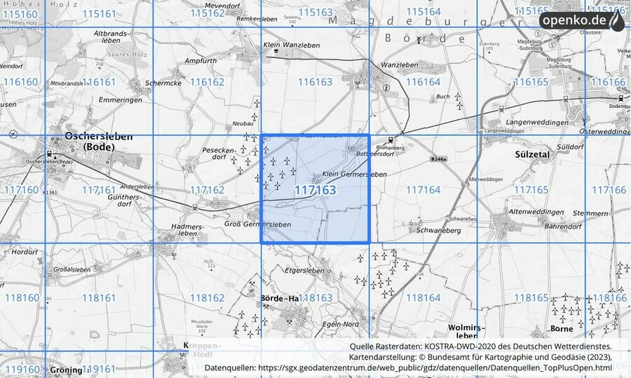 Übersichtskarte des KOSTRA-DWD-2020-Rasterfeldes Nr. 117163