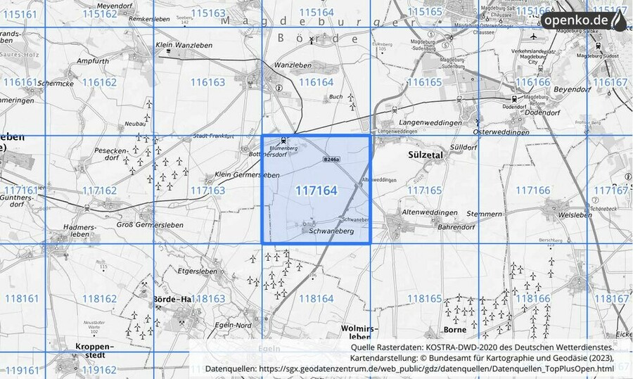 Übersichtskarte des KOSTRA-DWD-2020-Rasterfeldes Nr. 117164