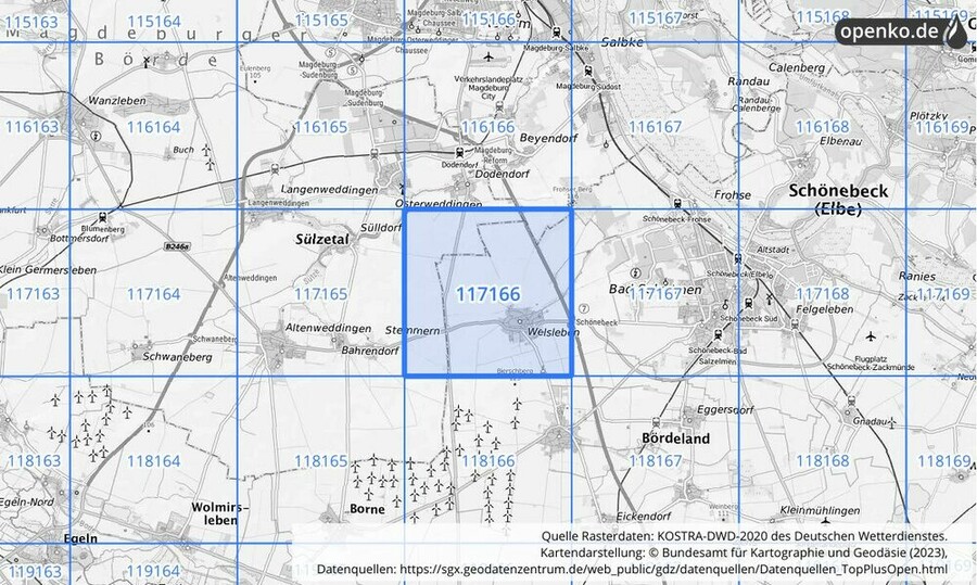 Übersichtskarte des KOSTRA-DWD-2020-Rasterfeldes Nr. 117166