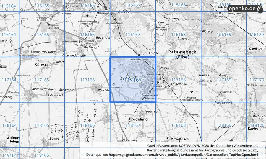 Übersichtskarte des KOSTRA-DWD-2020-Rasterfeldes Nr. 117167