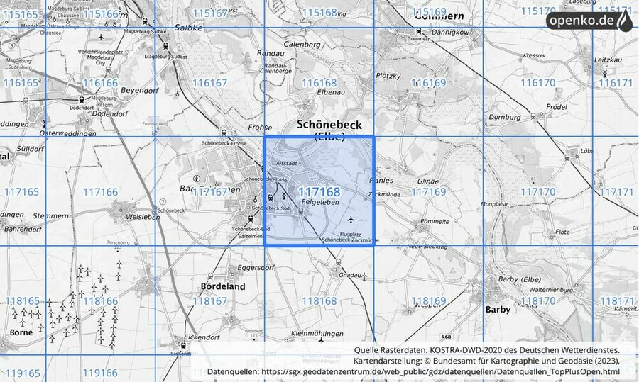 Übersichtskarte des KOSTRA-DWD-2020-Rasterfeldes Nr. 117168