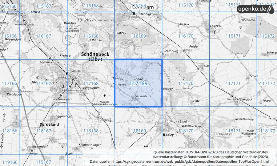 Übersichtskarte des KOSTRA-DWD-2020-Rasterfeldes Nr. 117169