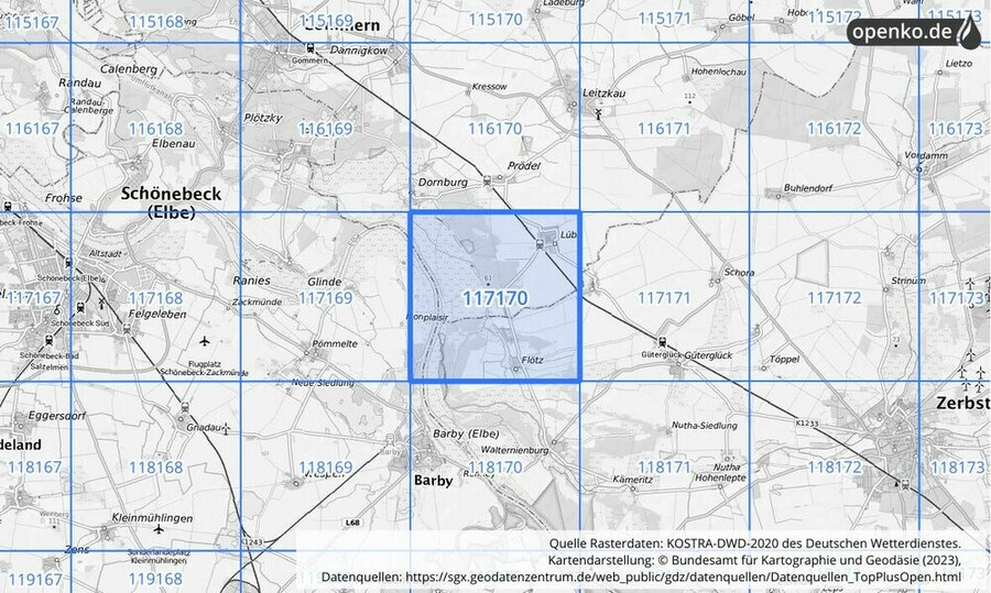 Übersichtskarte des KOSTRA-DWD-2020-Rasterfeldes Nr. 117170