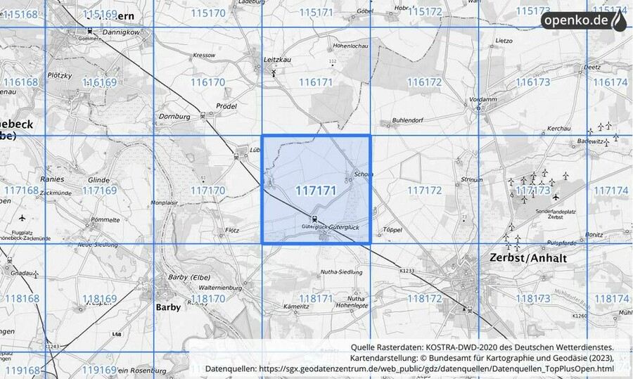 Übersichtskarte des KOSTRA-DWD-2020-Rasterfeldes Nr. 117171