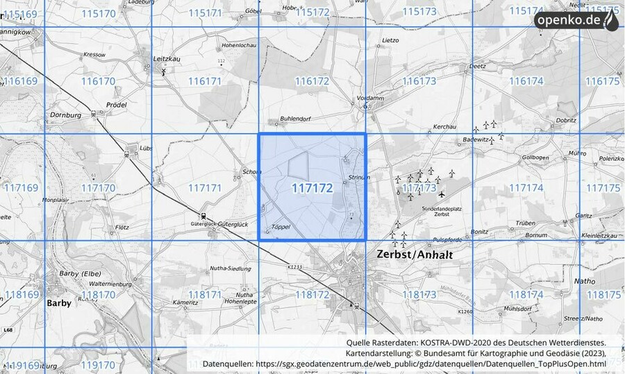 Übersichtskarte des KOSTRA-DWD-2020-Rasterfeldes Nr. 117172