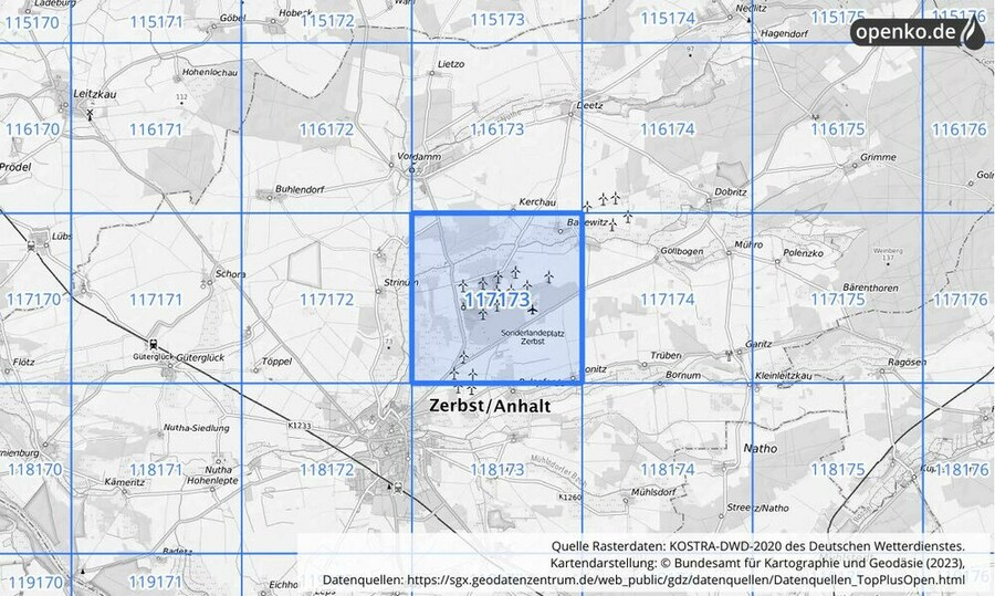 Übersichtskarte des KOSTRA-DWD-2020-Rasterfeldes Nr. 117173