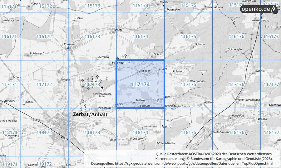 Übersichtskarte des KOSTRA-DWD-2020-Rasterfeldes Nr. 117174