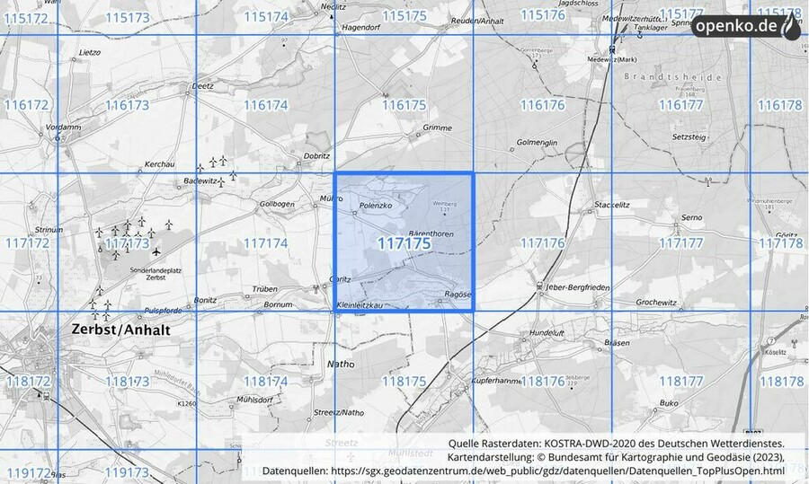 Übersichtskarte des KOSTRA-DWD-2020-Rasterfeldes Nr. 117175