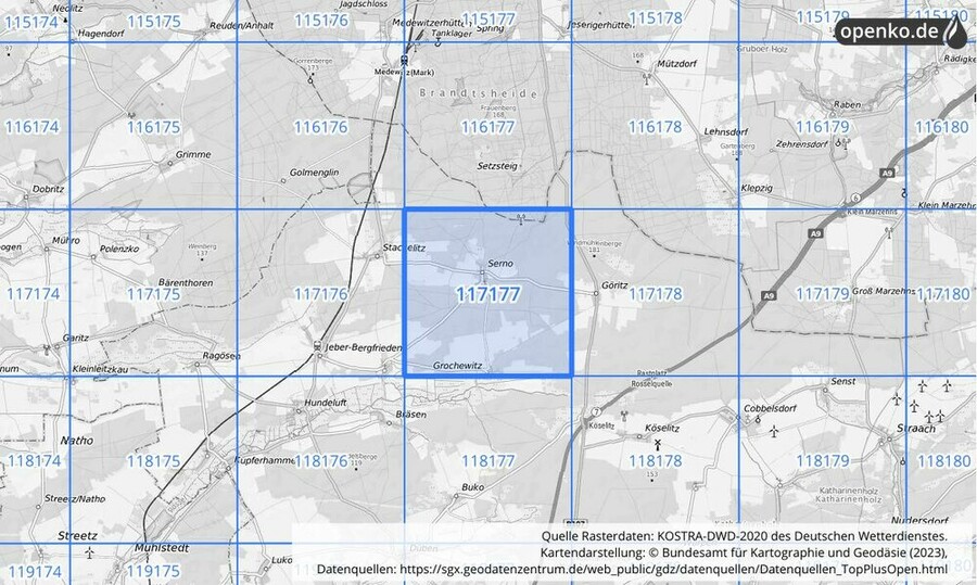 Übersichtskarte des KOSTRA-DWD-2020-Rasterfeldes Nr. 117177